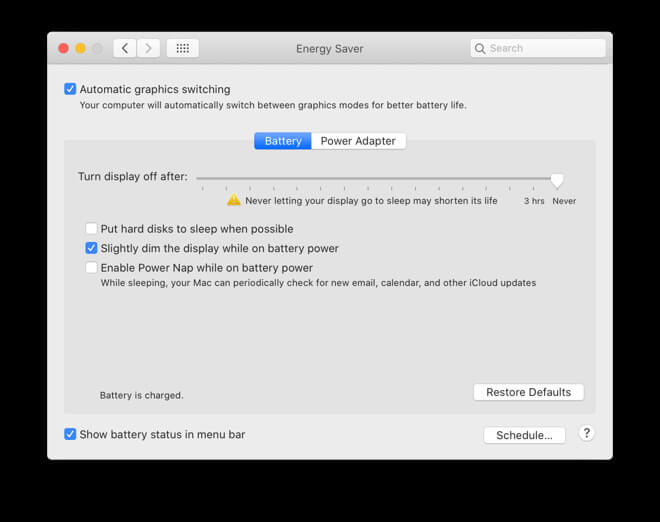 Панель управления Energy Saver перед второй бета-версией macOS 10.15.5