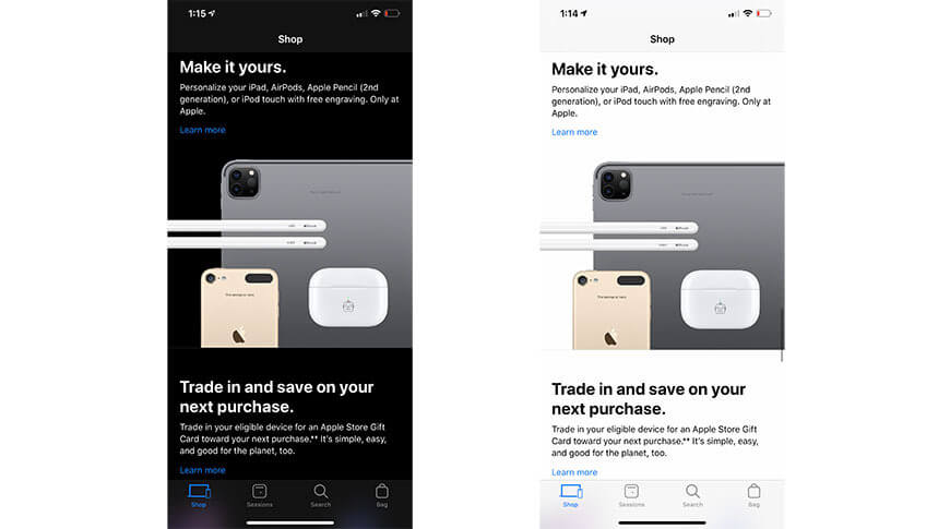 Dark Mode приходит в приложение Apple Store для iOS