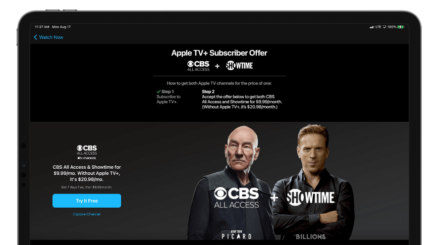 Apple предлагает пакет за 9,99 долларов в месяц для CBS, Showtime, Apple TV +