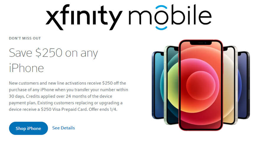 Предложения: Сэкономьте 250 долларов на любом iPhone в Xfinity Mobile, включая новый iPhone 12 и iPhone 12 Pro.