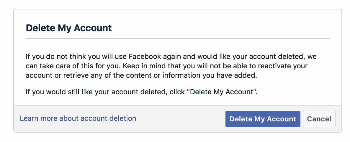 удалить свою учетную запись Facebook