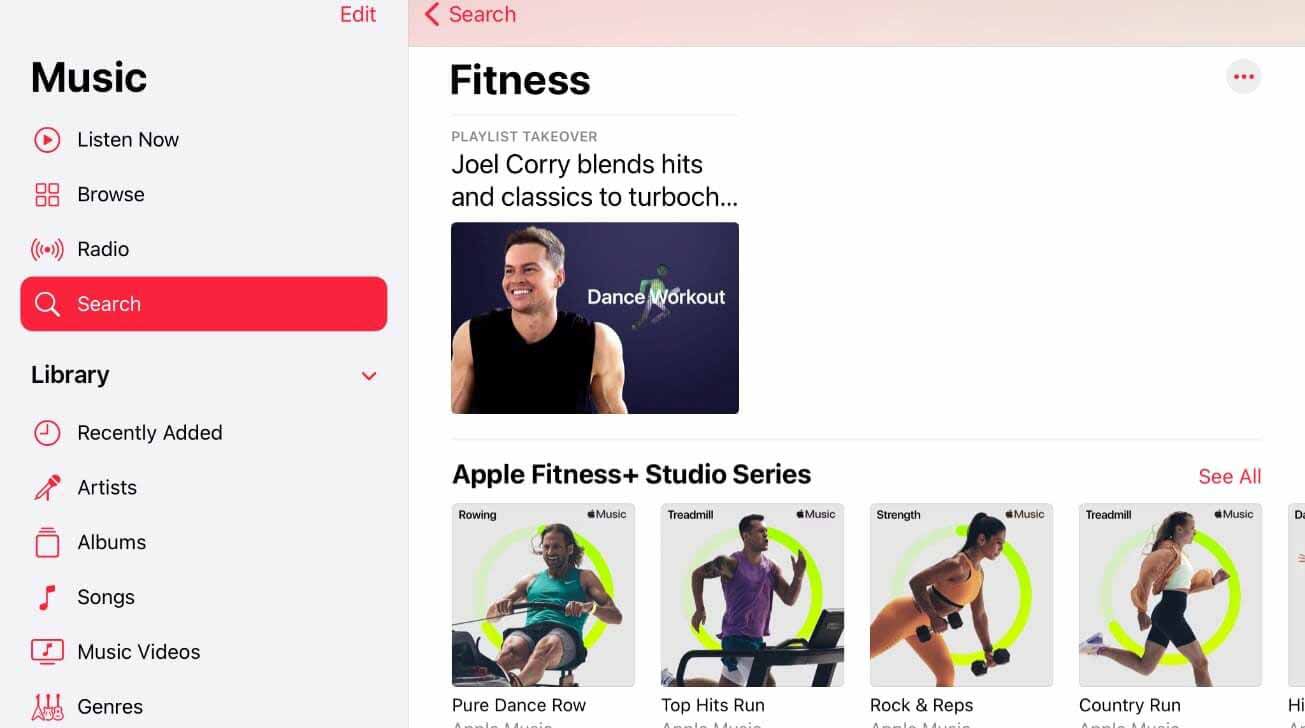 Плейлисты Apple Fitness+ в поиске Apple Music