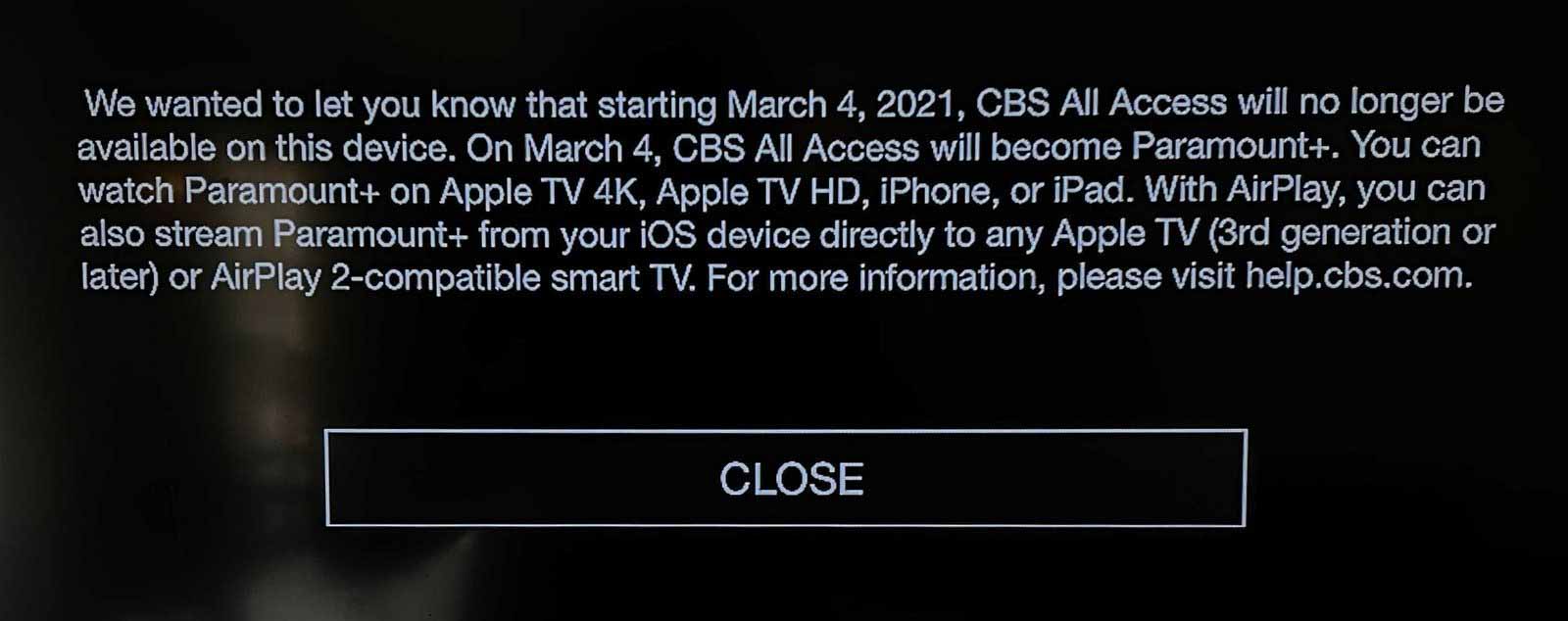AirPlay предположил, что в следующем месяце старый Apple TV потеряет канал CBS All Access