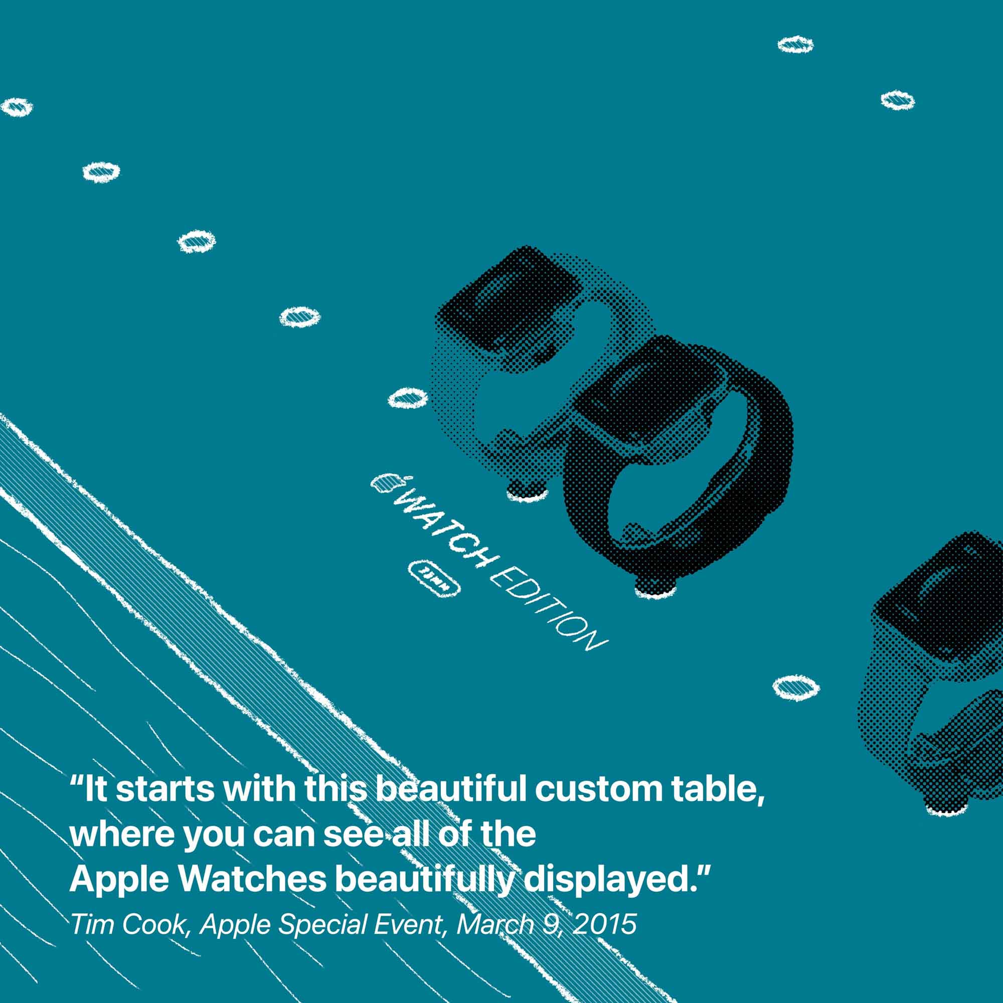 "Все начинается с этой красивой настраиваемой таблицы, где вы можете увидеть все красиво отображаемые Apple Watch . "  Тим Кук, Специальное мероприятие Apple, 9 марта 2015 г.