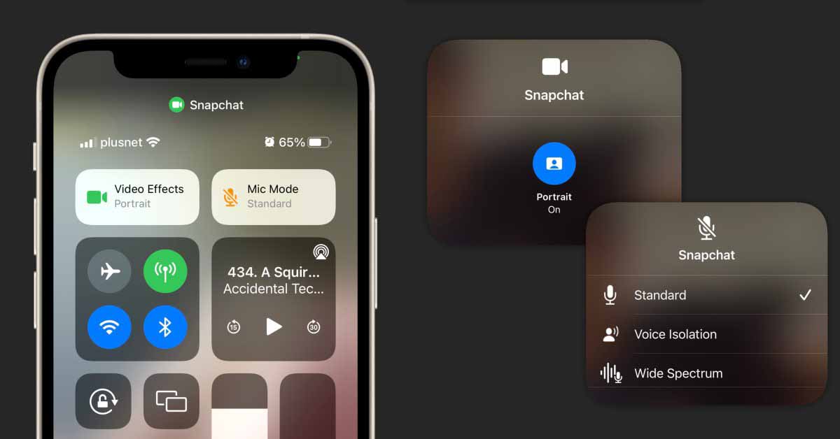 Видео и аудио эффекты портретной ориентации iOS 15 можно включить в сторонних приложениях, таких как Snapchat, а не только в FaceTime.