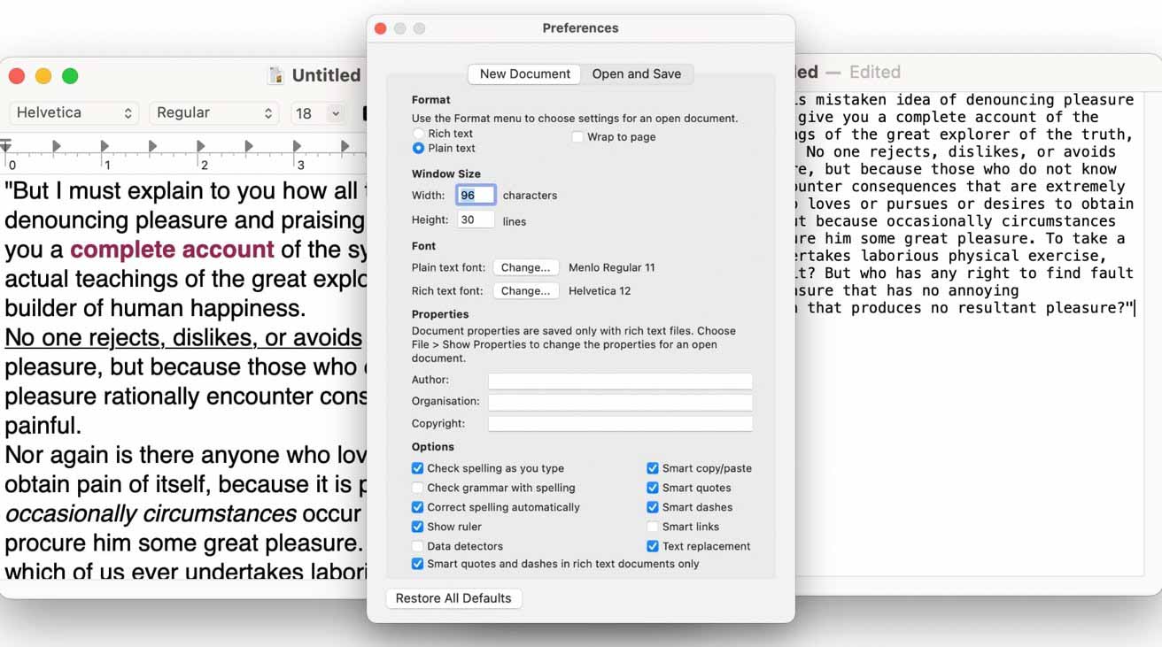 Как установить настройки по умолчанию в TextEdit для macOS