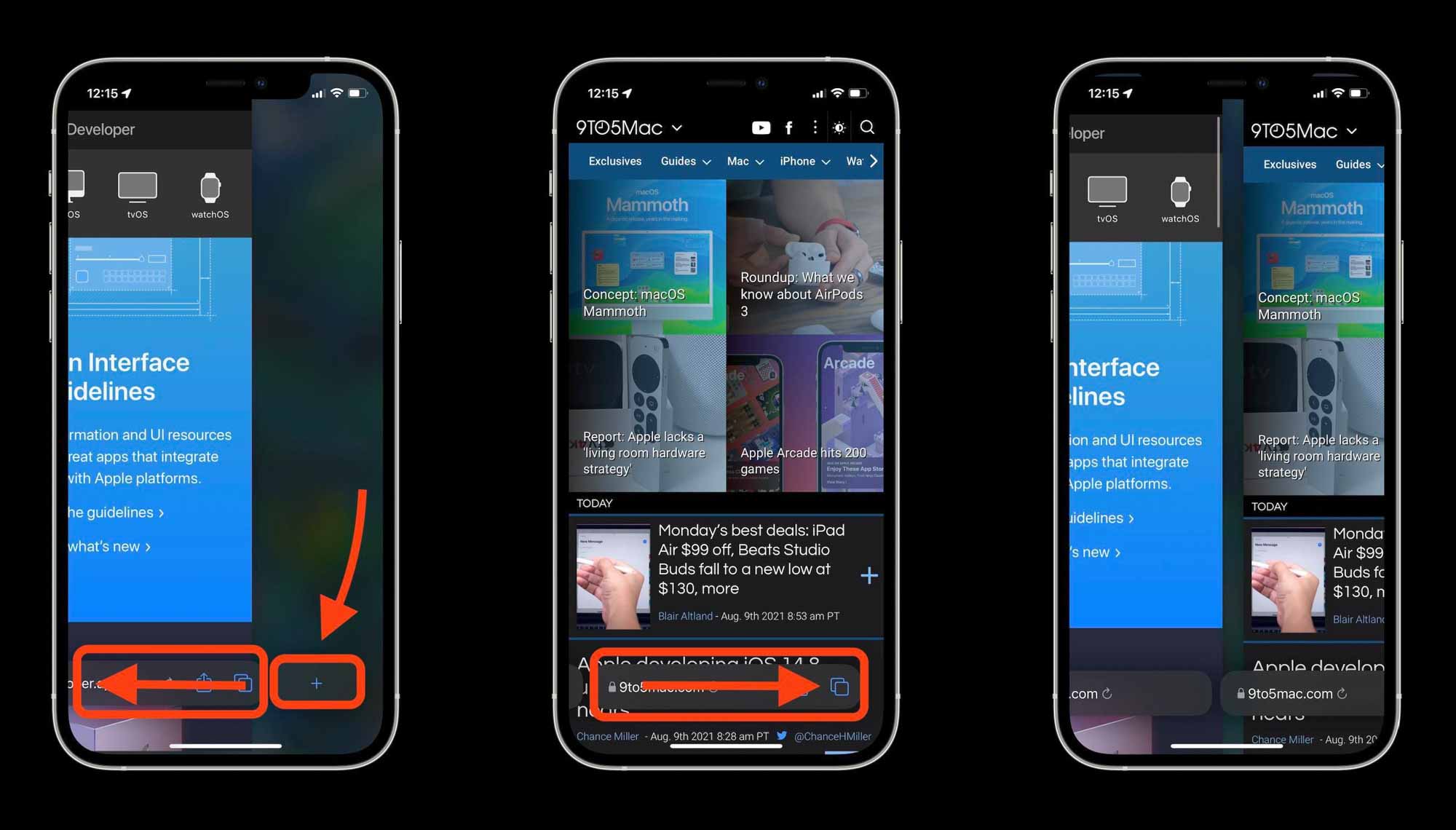 Как работает Safari в iOS 15 - проведите пальцем по поиску / вкладке панель для открытия новой страницы или переключения между открытыми страницами