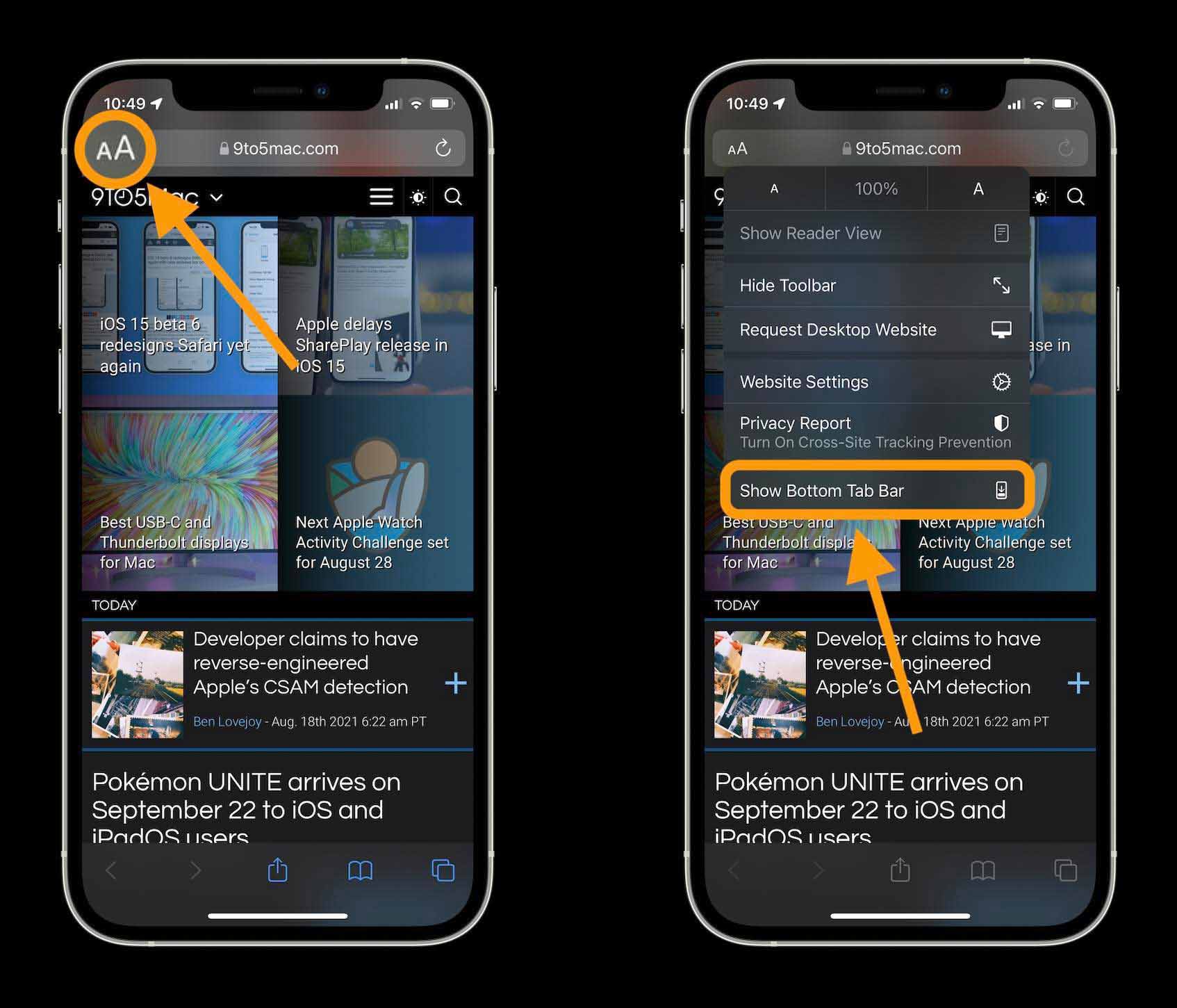  Как изменить изменить адрес / панель поиска iOS 15 Safari на iPhone, пошаговое руководство. 2 - коснитесь значка A в верхнем левом углу в строке адреса / поиска и коснитесь «Показать нижнюю панель вкладок»