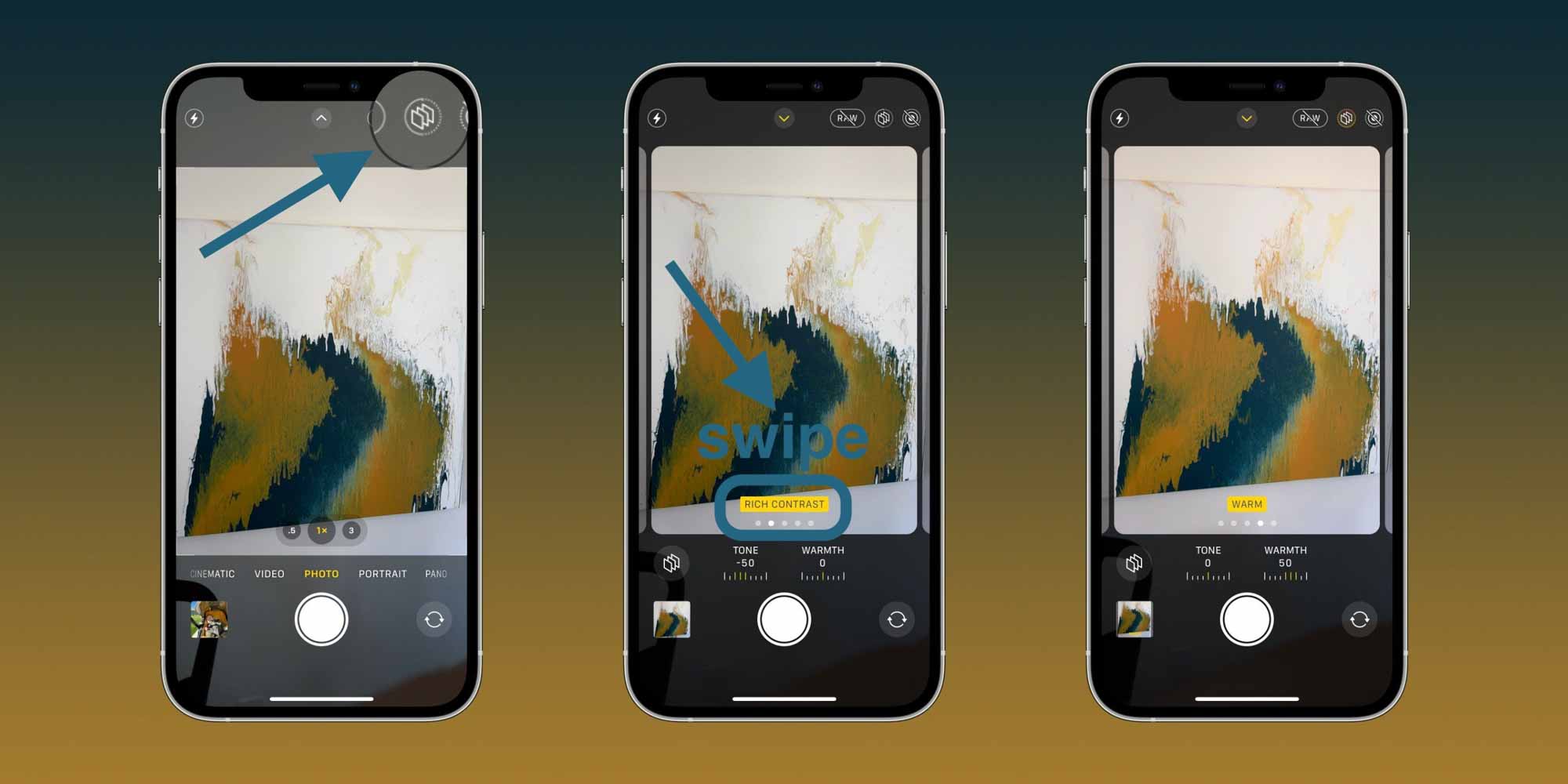 Как использовать фотографические стили iPhone 13 - нажмите значок с тремя квадратами в Приложение камеры
