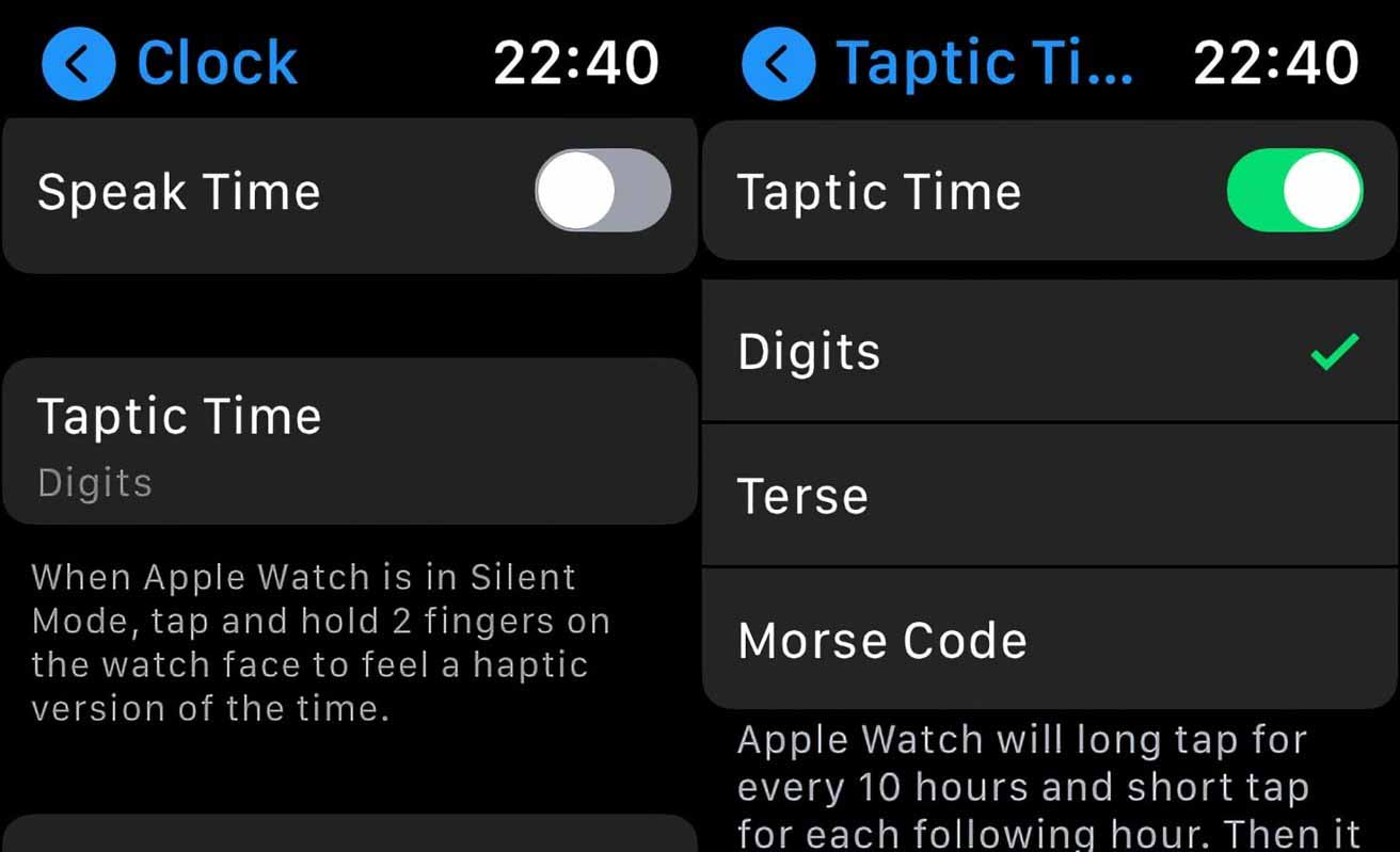 Настройка Taptic Time выполняется в меню «Часы» в приложении «Настройки». 