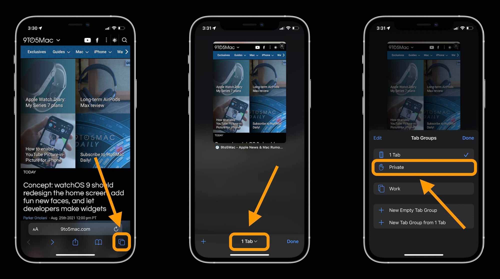 Как использовать частный просмотр iPhone в Safari с iOS 15, пошаговое руководство 1 - нажмите значок с двумя квадратами, выберите кнопку «X-tab», нажмите «Частный»
