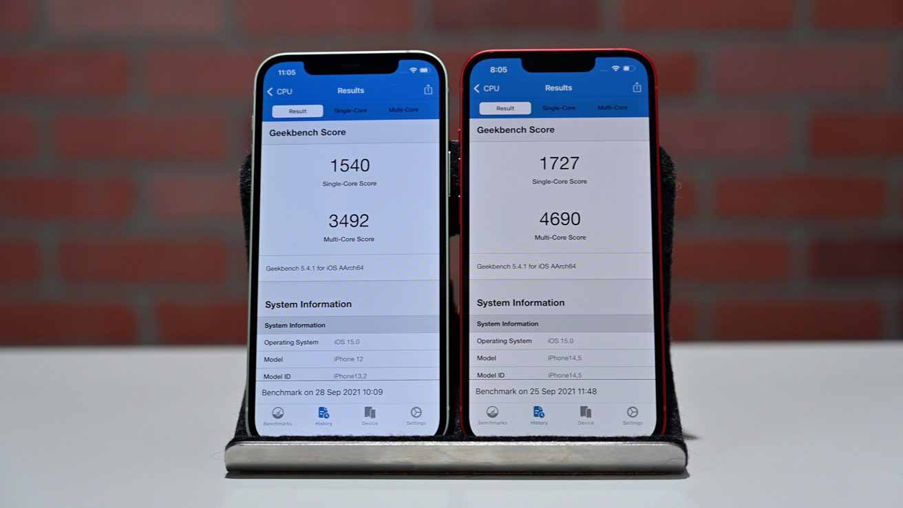 Результаты Geekbench для iPhone 12 (слева) и iPhone 13 (справа)