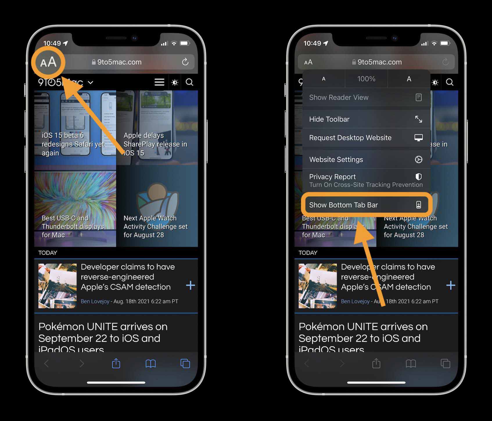  Как сделать изменить адрес / панель поиска iOS 15 Safari на iPhone, пошаговое руководство. 2 - коснитесь значка A в верхнем левом углу в строке адреса / поиска и коснитесь «Показать нижнюю панель вкладок»
