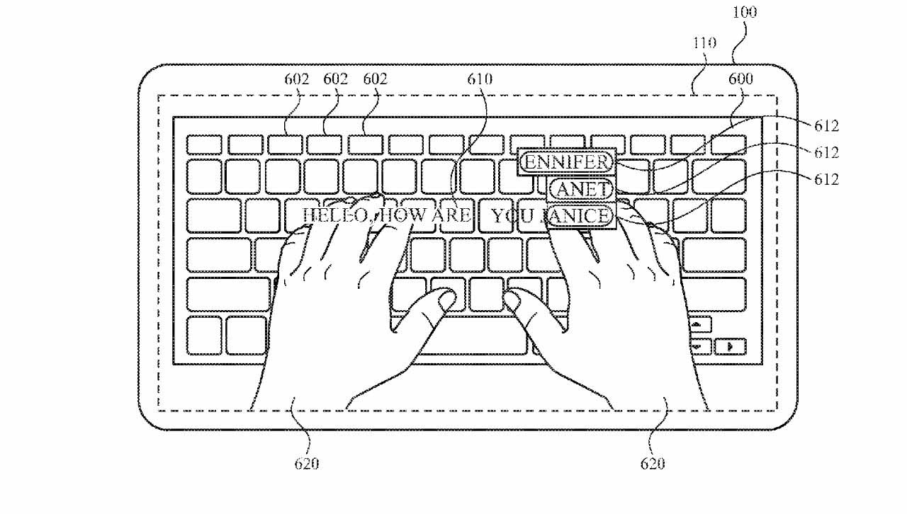 Деталь из патента, показывающая, как пользователю можно показать, что он набирает текст прямо над клавиатурой.