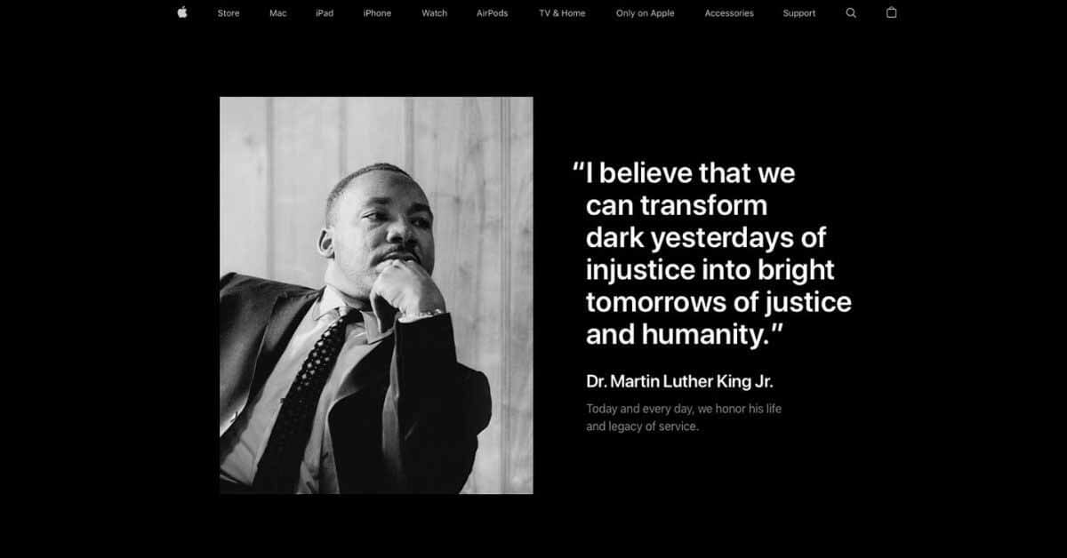 Мартин Лютер Кинг-младший на домашней странице Apple, когда семья возглавляет марш