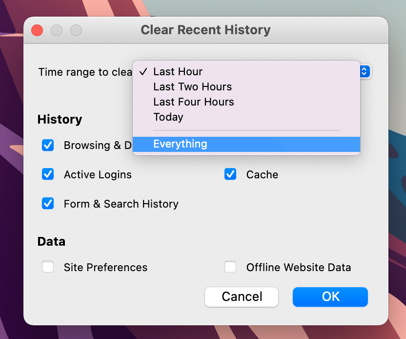 Как очистить кэш Mac, историю, файлы cookie Firefox 2