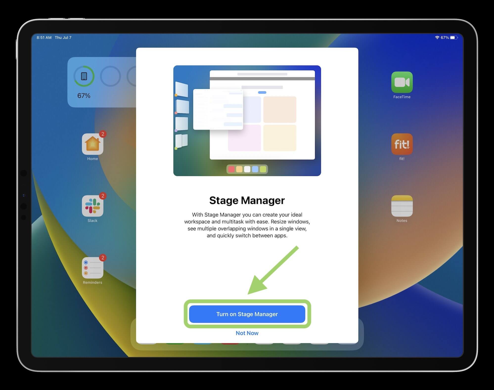 Stage Manager на iPad 2
