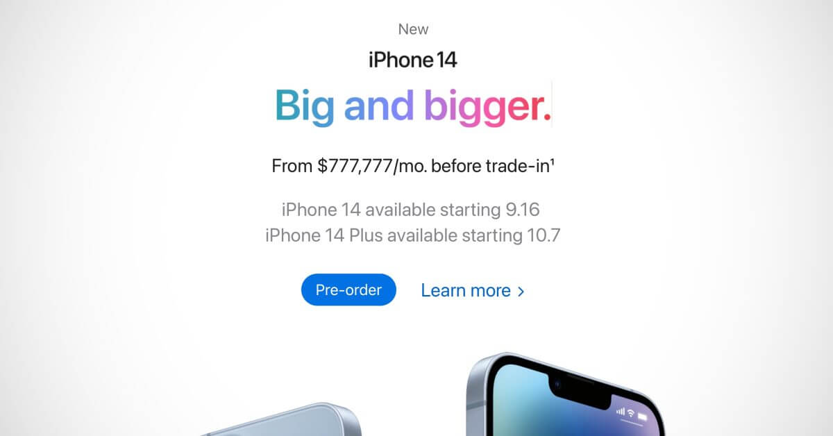 Сбой на сайте Apple установил цену iPhone 14 на уровне 777 777 долларов в месяц