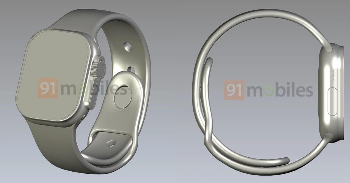 Дизайн Apple Watch Pro в заявленном изображении САПР;  показывает дополнительную кнопку