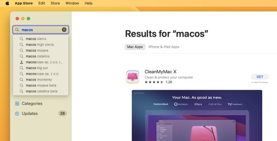 Apple предлагает другие приложения, а не собственную macOS, особенно старые.  Но многие последние версии macOS можно найти с помощью поиска в App Store.