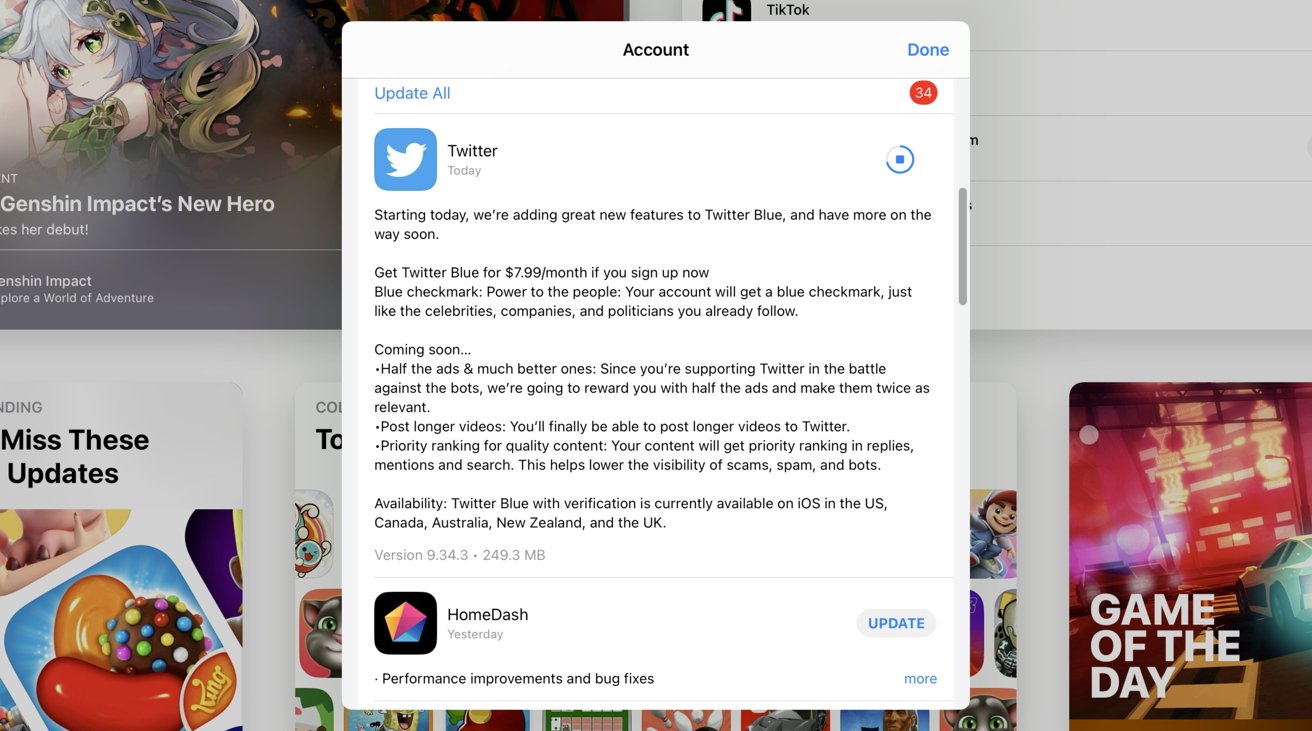 Примечания к патчу Twitter для iOS, показывающие Twitter Blue за 7,99 доллара с изменениями проверки. 