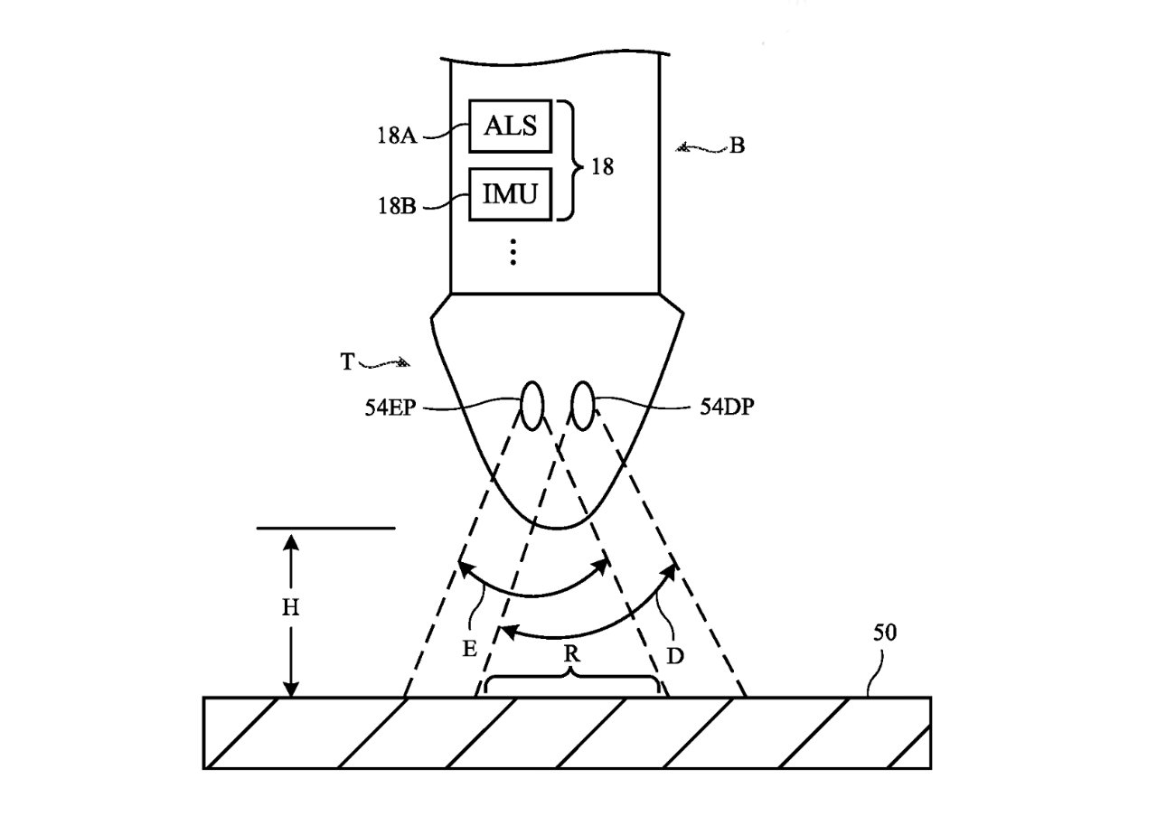 Деталь из патента, показывающая датчики в наконечнике Apple Pencil.
