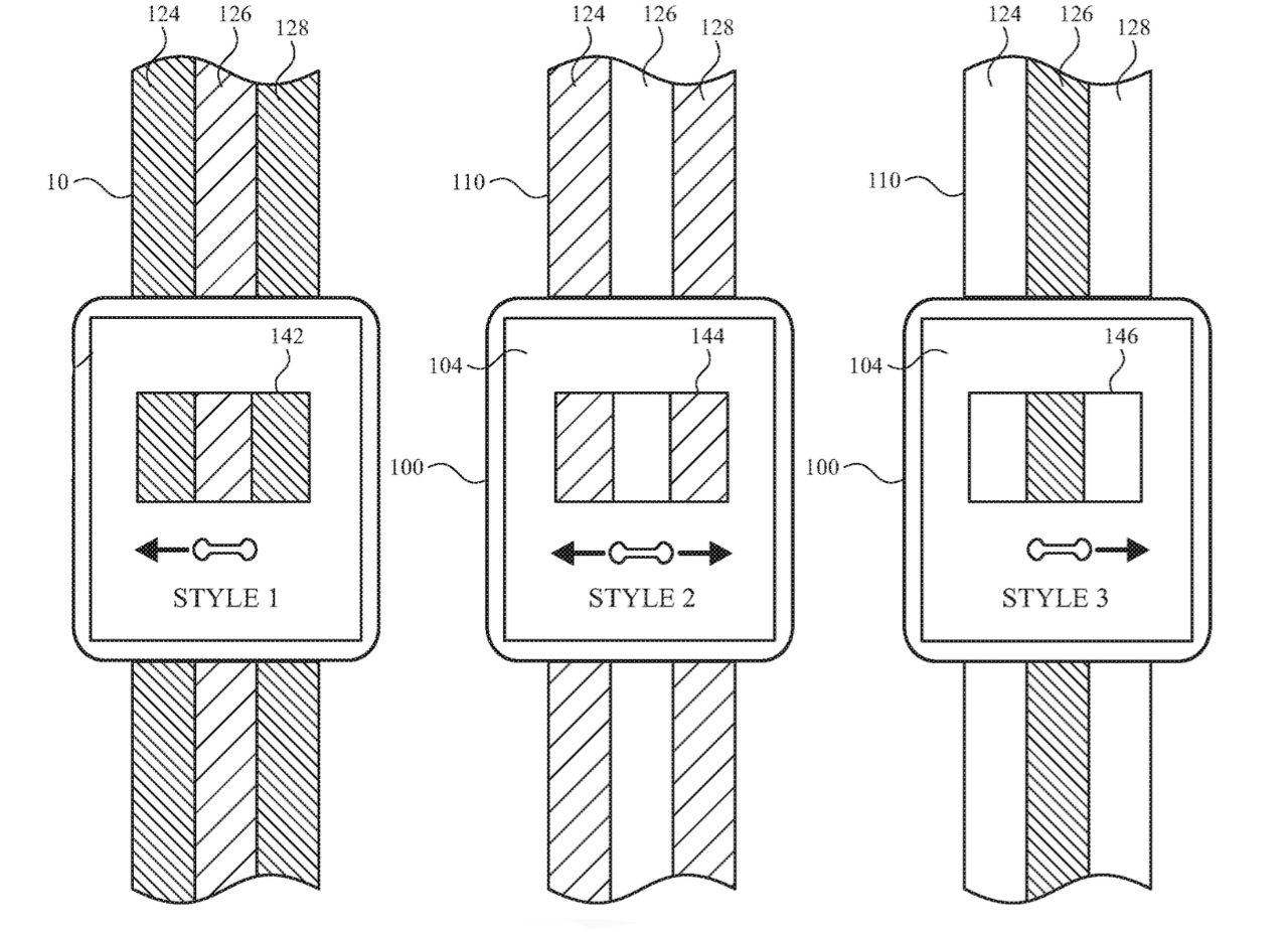 Деталь из патента, показывающая, как пользователь может провести пальцем по Apple Watch, чтобы изменить цвет ремешка.
