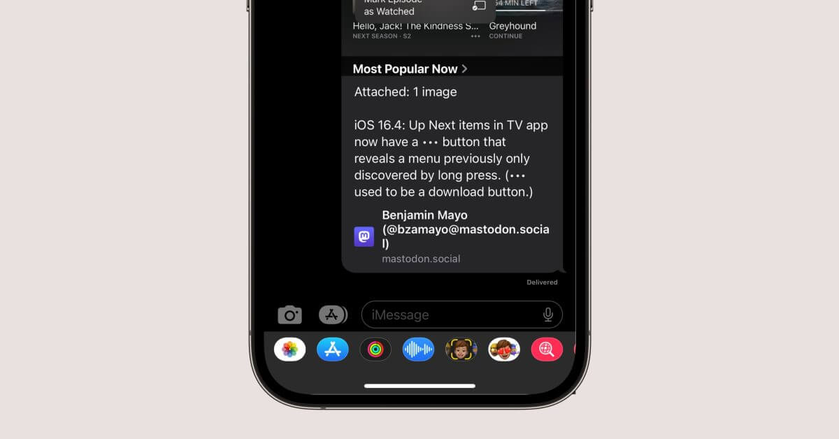 iOS 16.4: iMessage теперь поддерживает предварительный просмотр расширенного контента для сообщений Mastodon.
