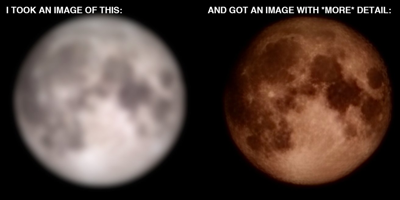 Исходное изображение луны в низком разрешении и размытое (слева) и то, как его обработал смартфон Samsung (справа) [Reddit u/ibreakphotos]