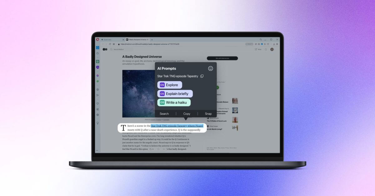 Браузер Opera получает ChatGPT с «подсказками AI» и новой боковой панелью на Mac