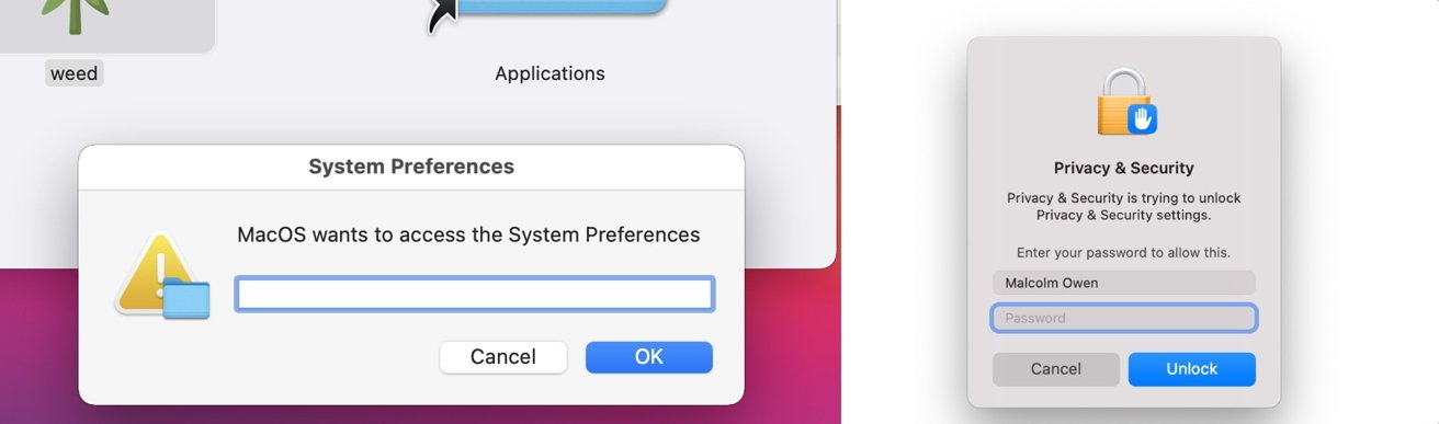 Поддельный запрос пароля macOS от MacStealer [left]подлинный запрос пароля macOS [right]