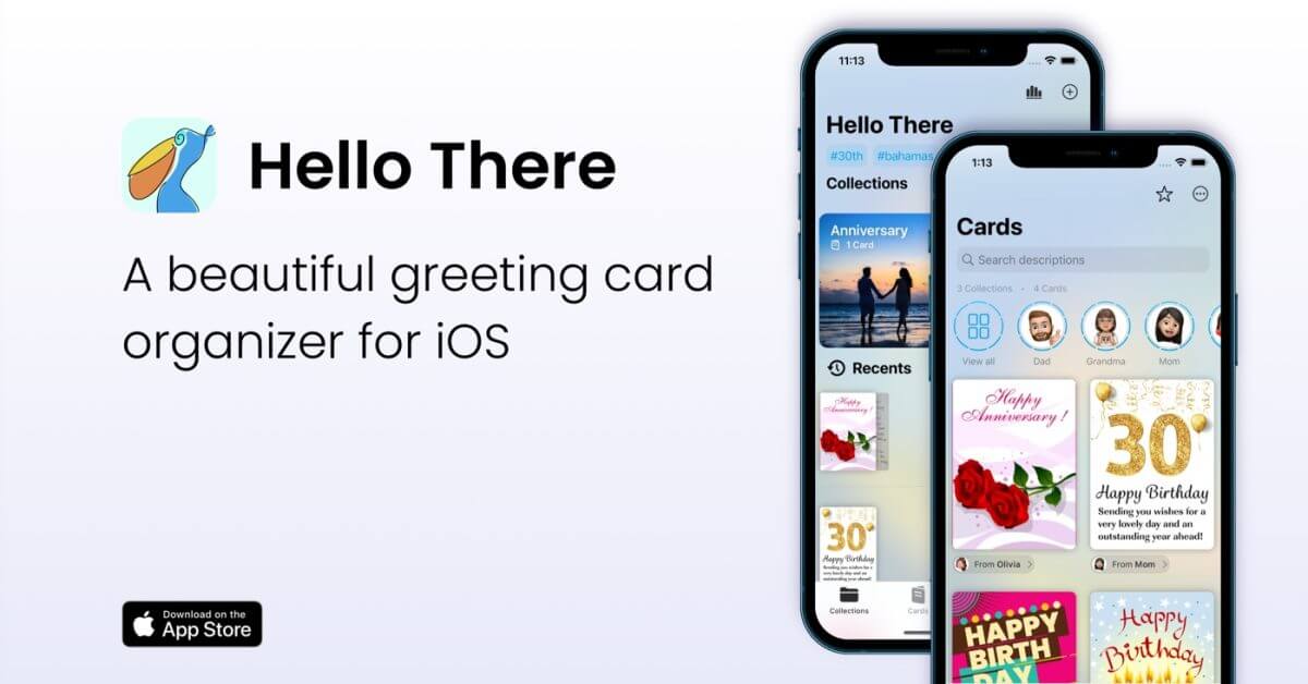 Hello There Органайзер поздравительных открыток iOS получает автоматическое определение карт, хэштеги, пользовательские значки