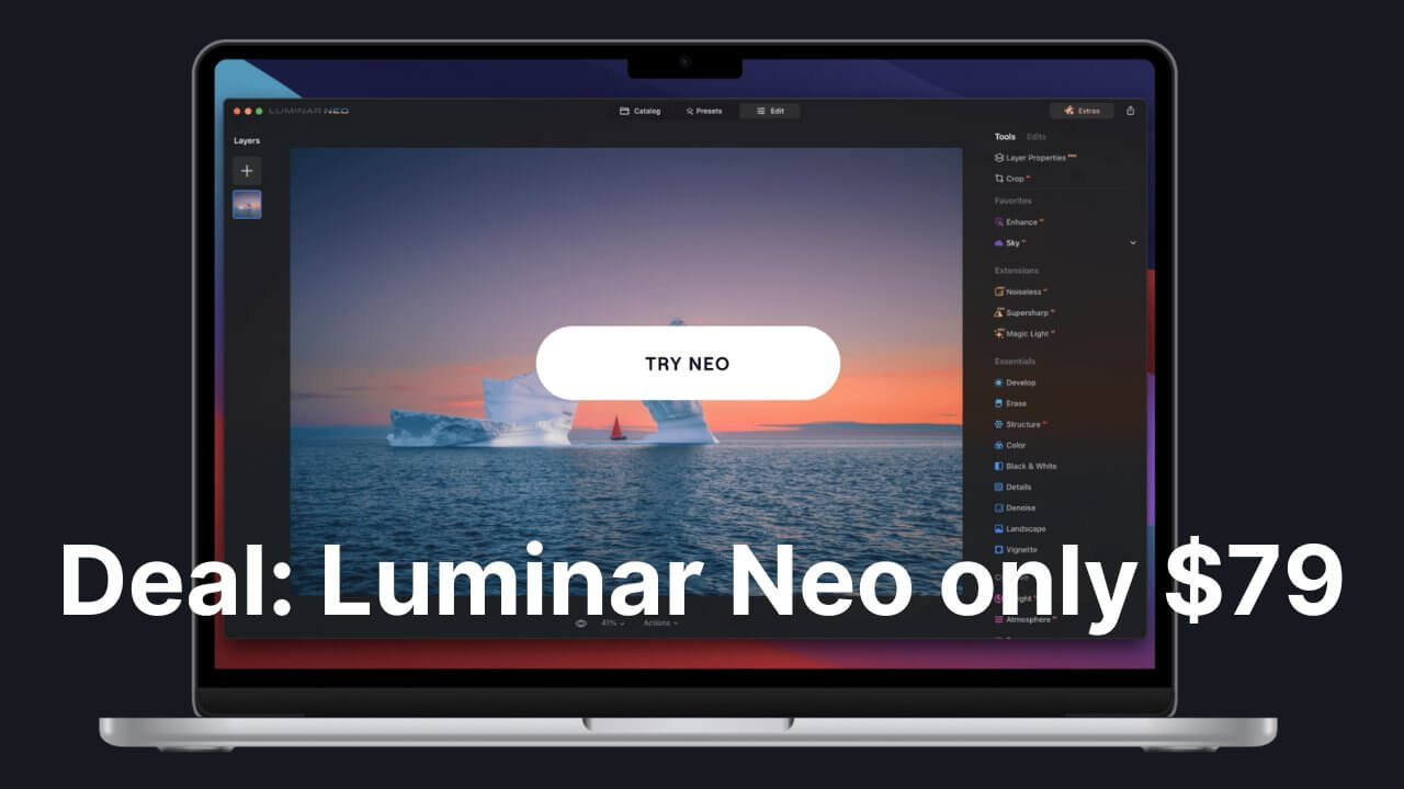 Используйте искусственный интеллект для редактирования фотографий с отмеченным наградами комплектом Luminar Neo Lifetime Bundle со скидкой 80 %