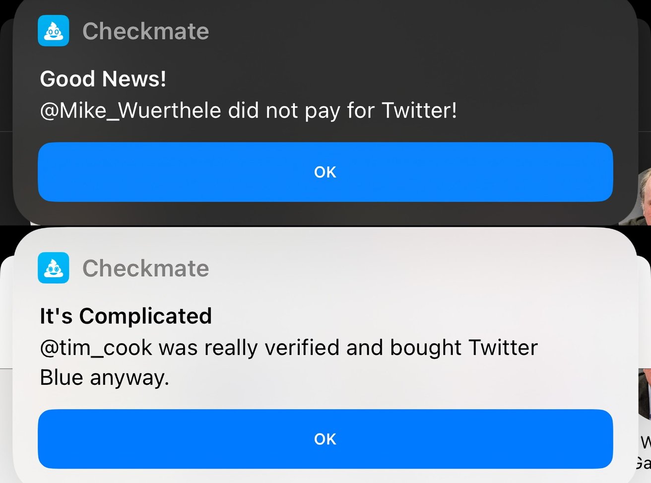 Пример того, как Checkmate сообщает о статусах галочек Twitter