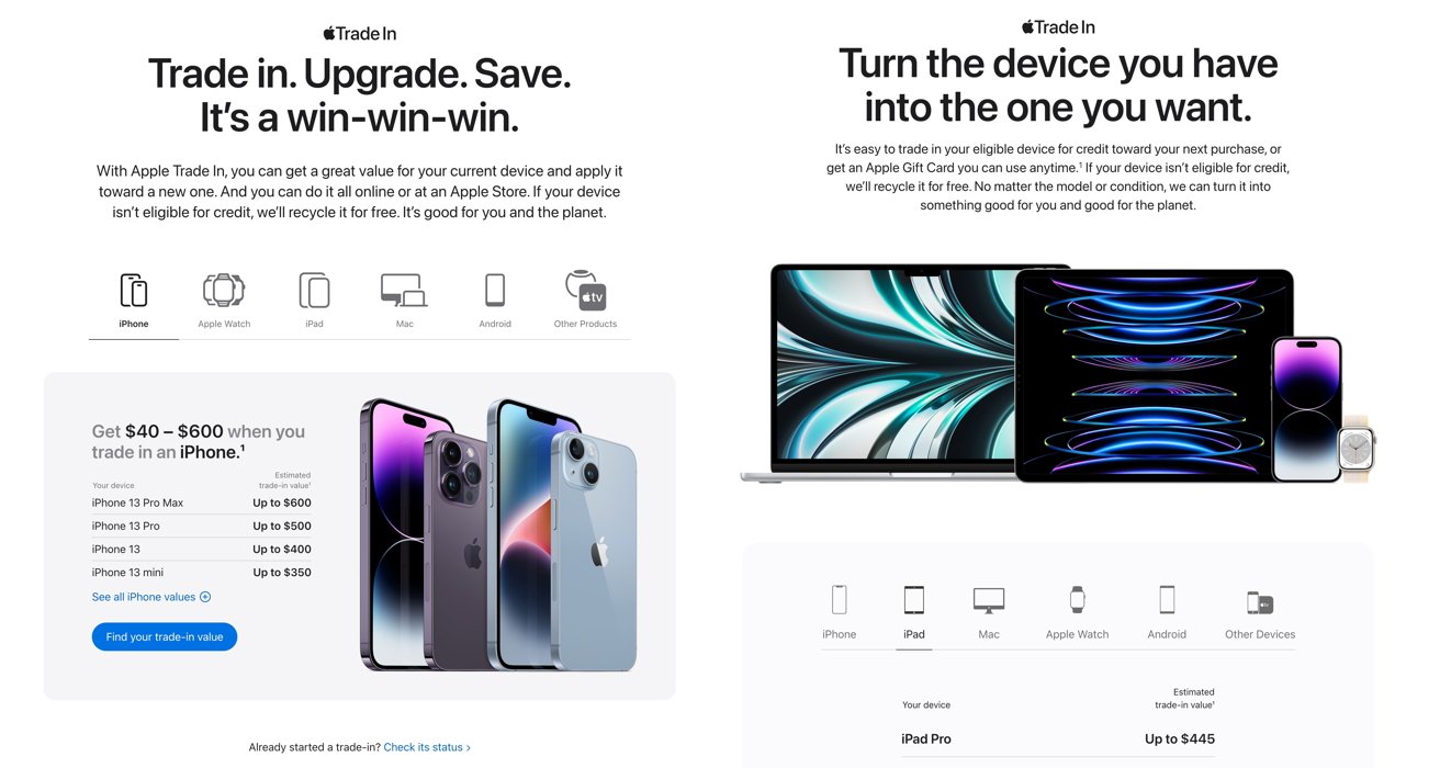 Новая страница Apple Trade In (слева) и предыдущая версия (справа)