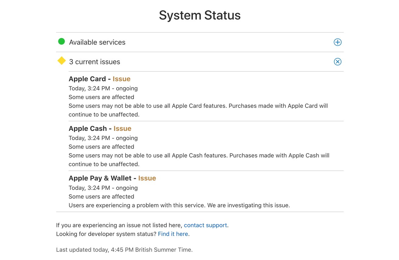 Состояние системы Apple, показывающее сбои в работе Apple Pay, Apple Card и Apple Cash