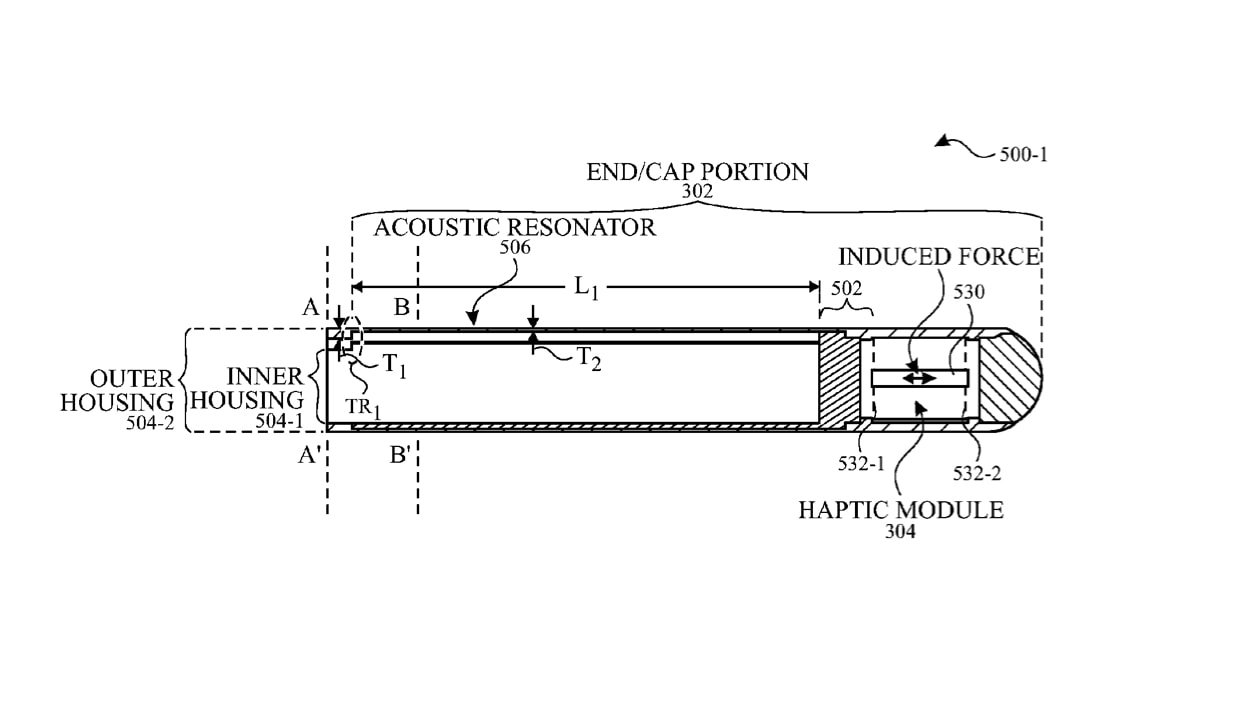 Деталь из заявки на патент, показывающая пример активного стилуса с акустическим резонатором. 