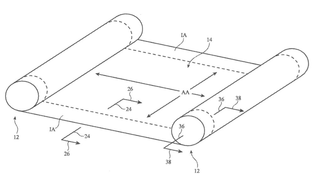 Деталь из патента, показывающая один из способов раскатывания экрана между двумя валками.