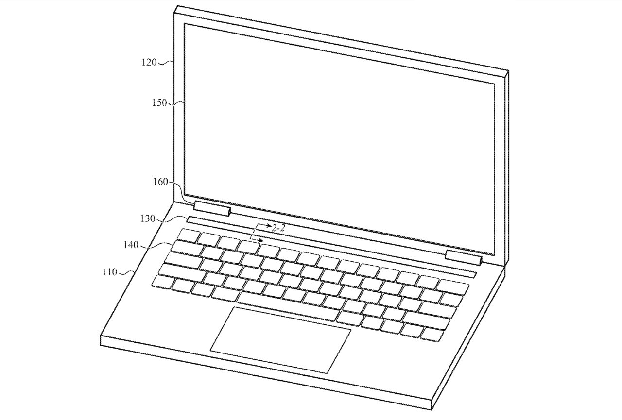 Деталь из патента, показывающая область 130, которая явно является сенсорной панелью, плюс 150, представляющая собой весь основной дисплей.