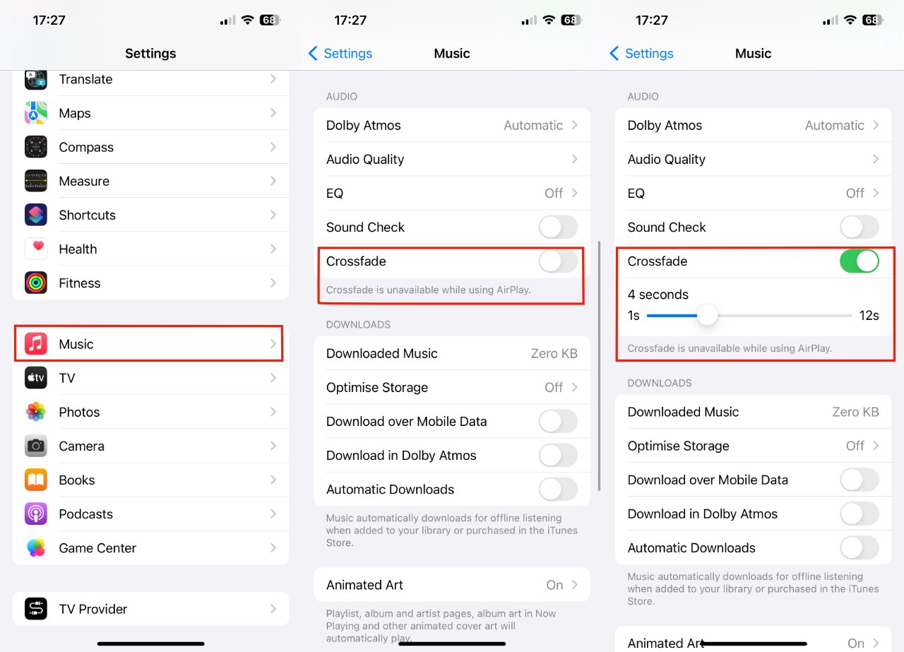 Crossfade — это новая опция в меню «Настройки», «Музыка», «Аудио» в iOS 17.
