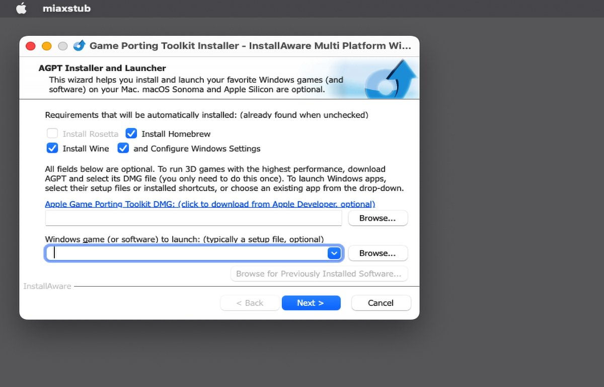 Щелкните текстовую ссылку, чтобы загрузить игру Apple Porting Toolkit.