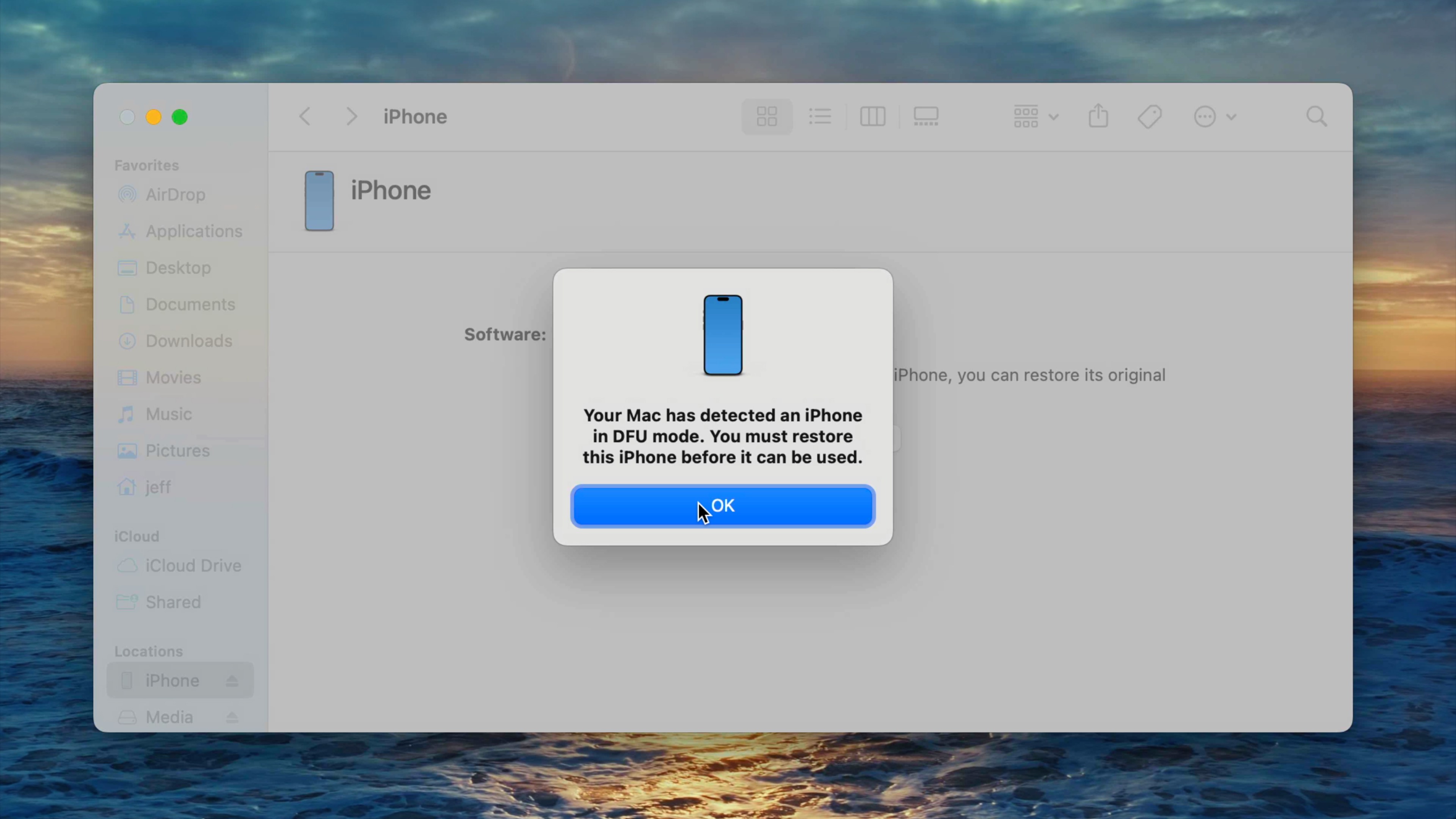 macOS Finder iPhone 15 Pro Max обнаружен в сообщении о режиме DFU