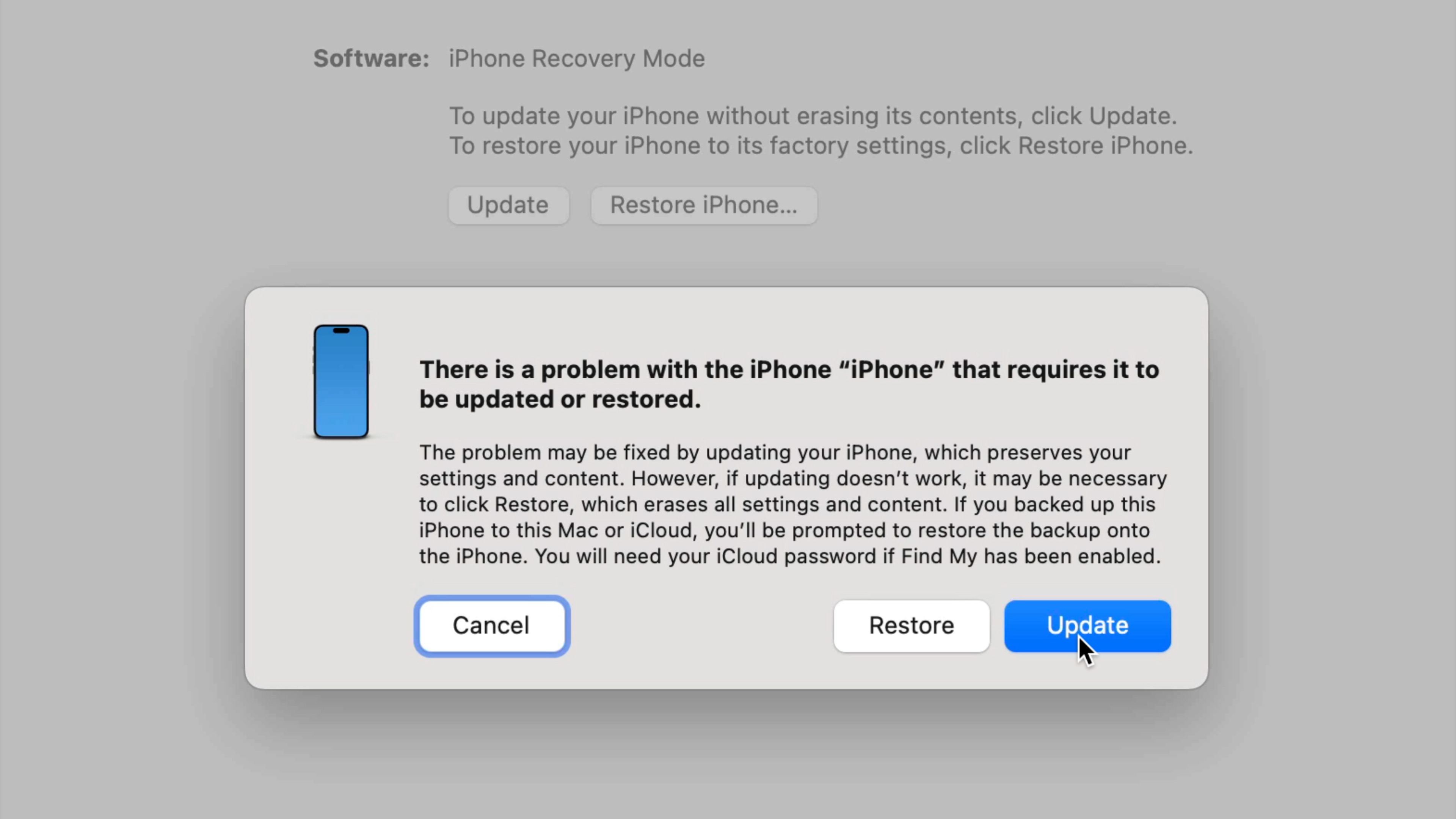 Сообщение режима восстановления macOS Finder iPhone 15 Pro Max для восстановления или обновления