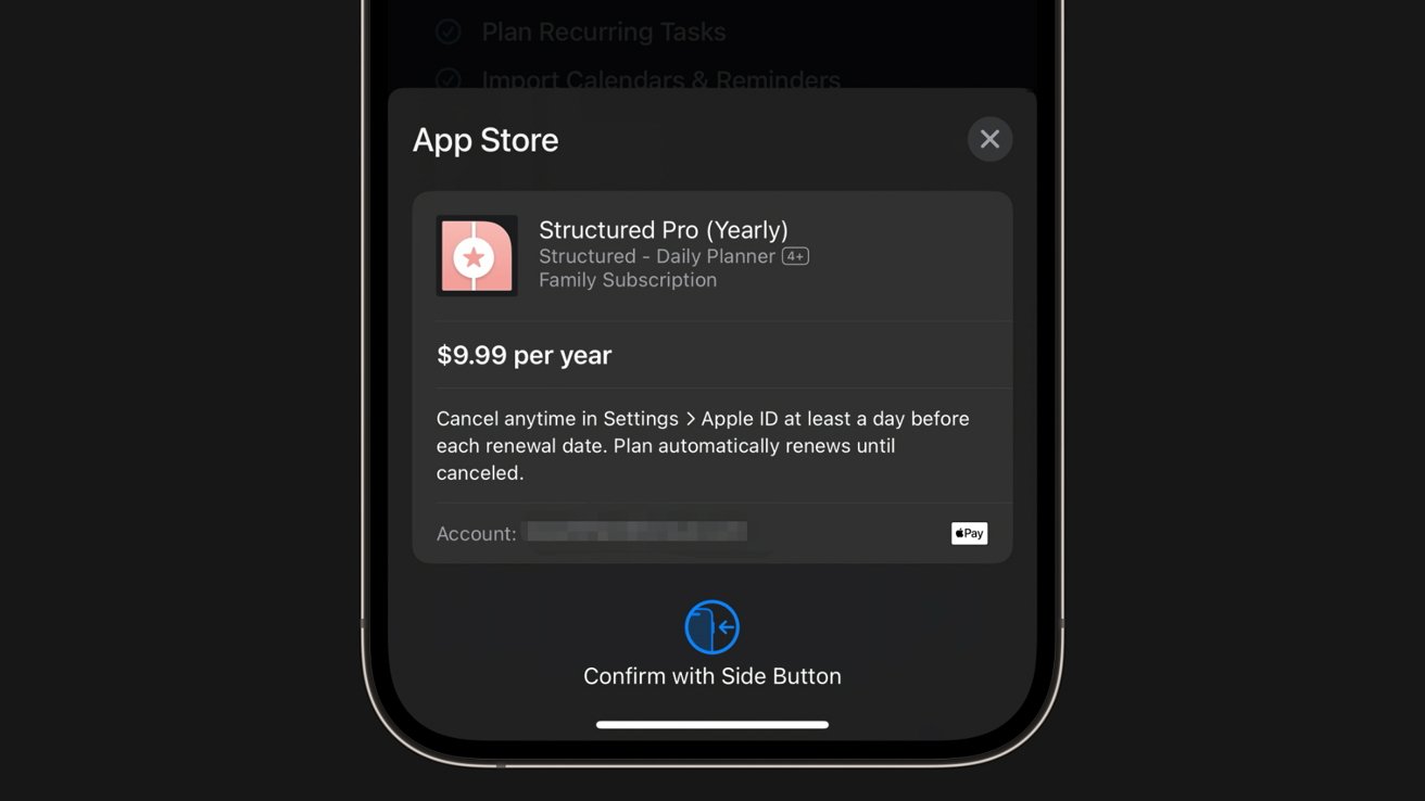 iPhone с подтверждением покупки «Structured Pro (Ежегодно)» за 9,99 долларов США в год с возможностью подтверждения с помощью боковой кнопки.