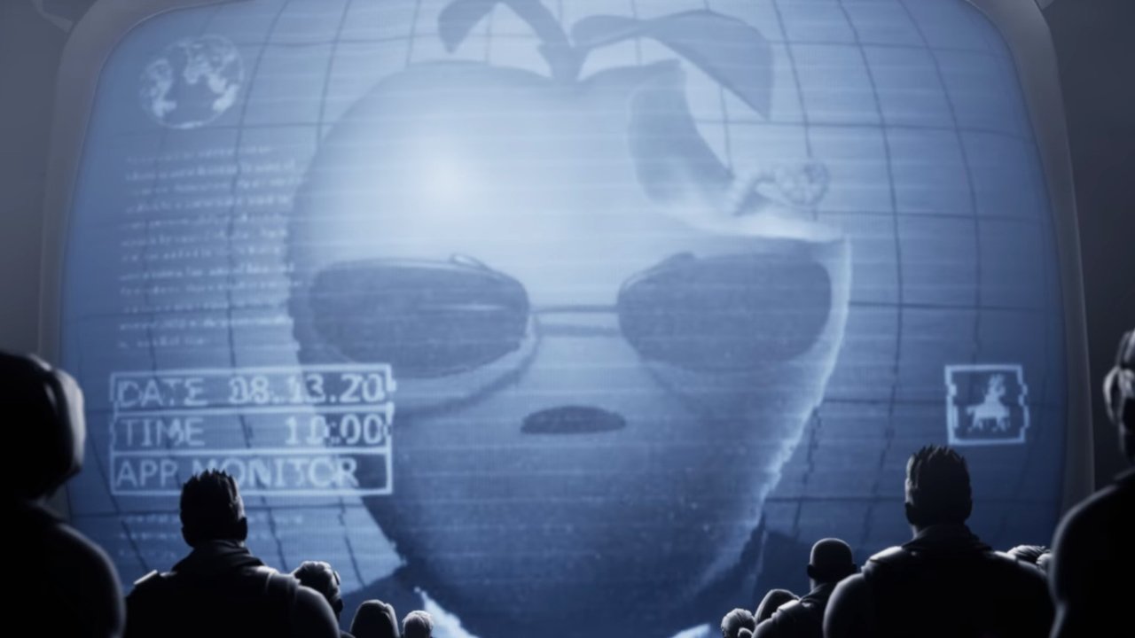 Силуэты людей смотрят на большой экран, на котором изображено стилизованное цифровое лицо в форме яблока в солнечных очках, среди двоичного кода и технологических интерфейсов, что напоминает сцену из «1984 года».