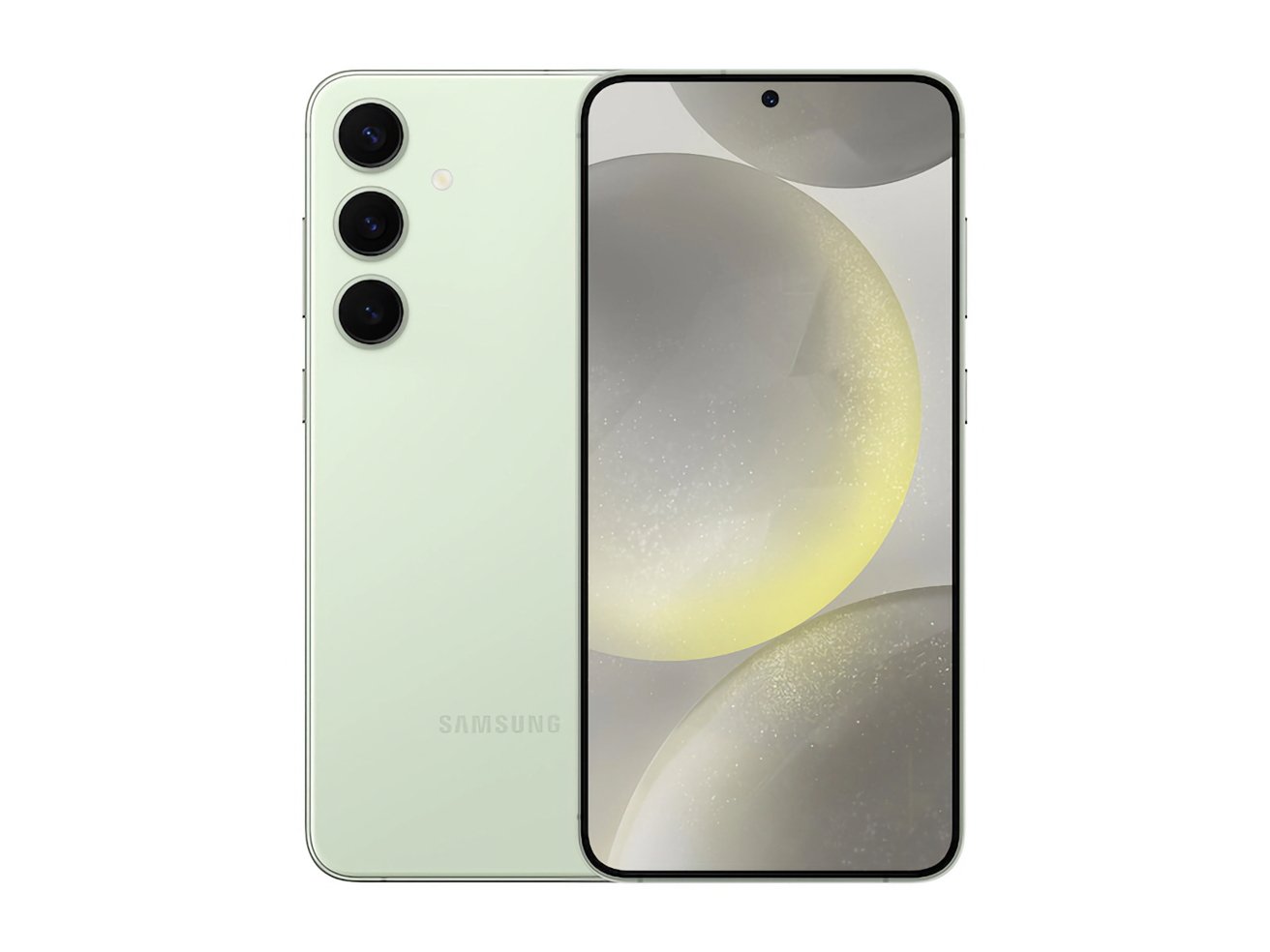 Смартфон Samsung мятно-зеленого цвета с тройной камерой на задней панели и экраном с изображением абстрактных кругов с градиентом от желтого к серому.