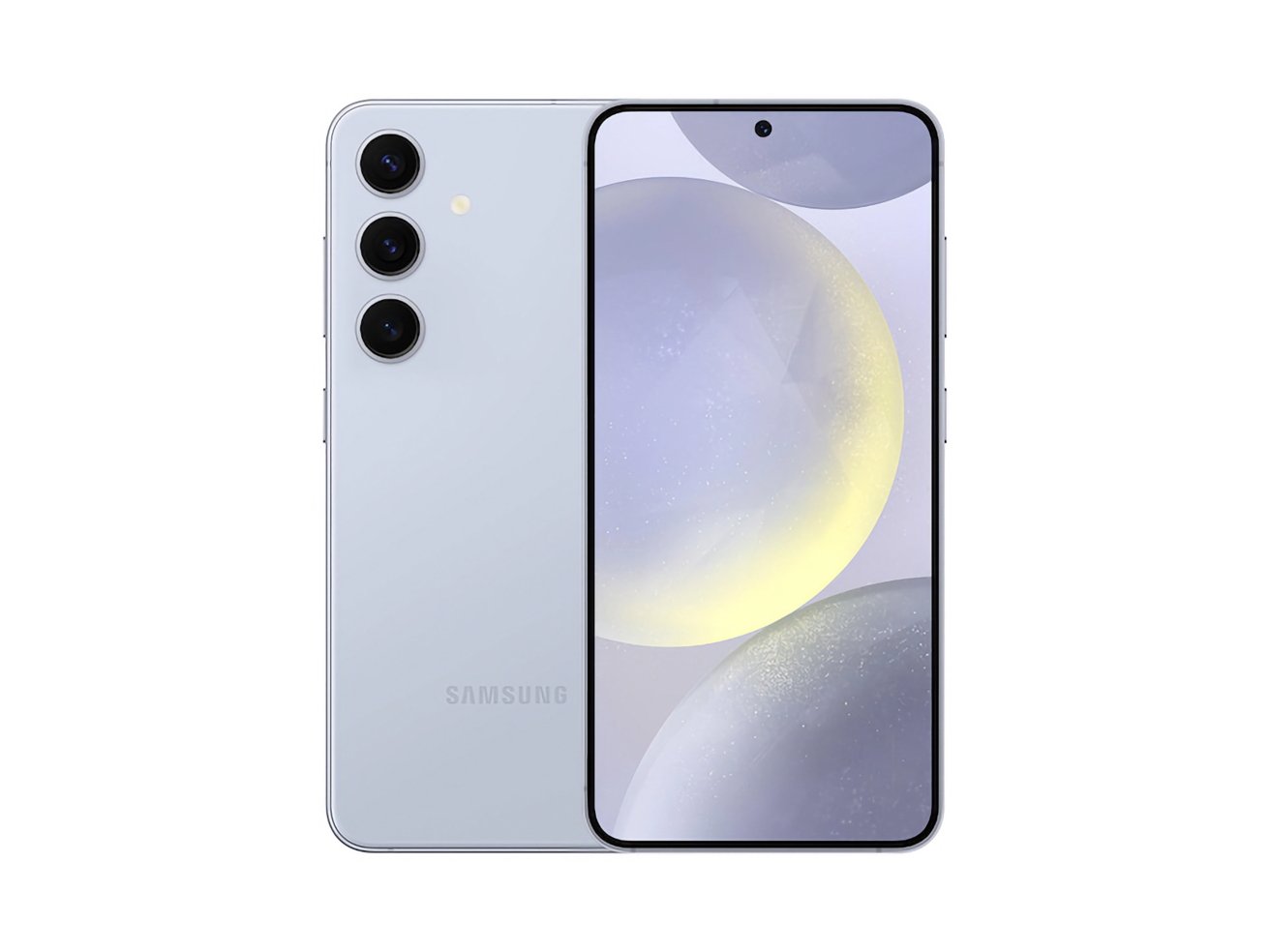 Смартфон Samsung, вид спереди и сзади, с тройной камерой сзади и фронтальной камерой с дырочкой на почти безрамочном экране.