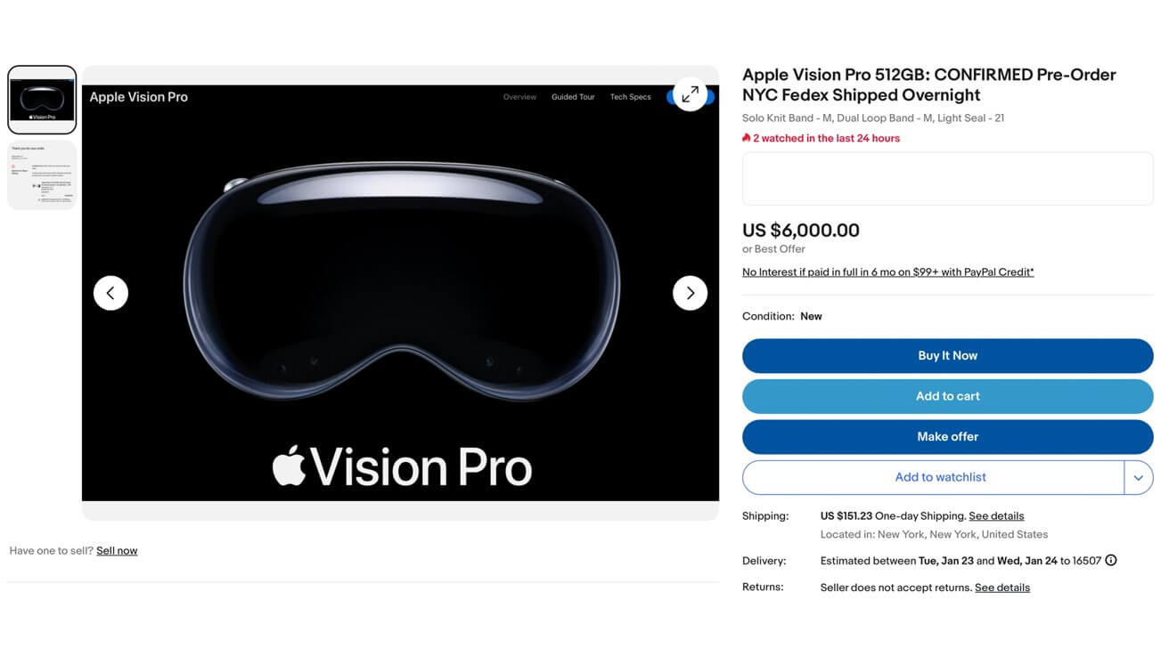 Apple Vision Pro перепродается на eBay с наценкой