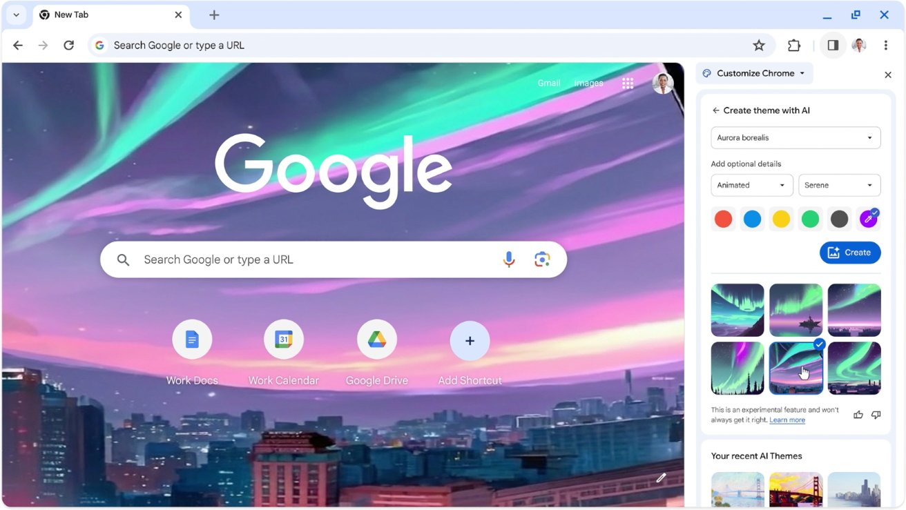 Снимок экрана окна браузера Google Chrome с фоном в стиле Северного сияния, строкой поиска, значками ярлыков и боковой панелью для настройки темы.