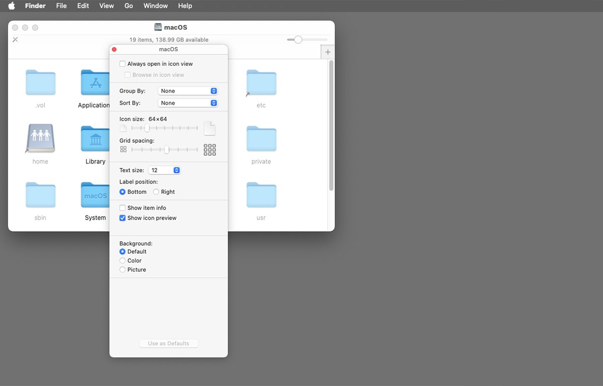 Окно macOS Finder со всплывающим окном настроек для настройки размера значков и интервала сетки.